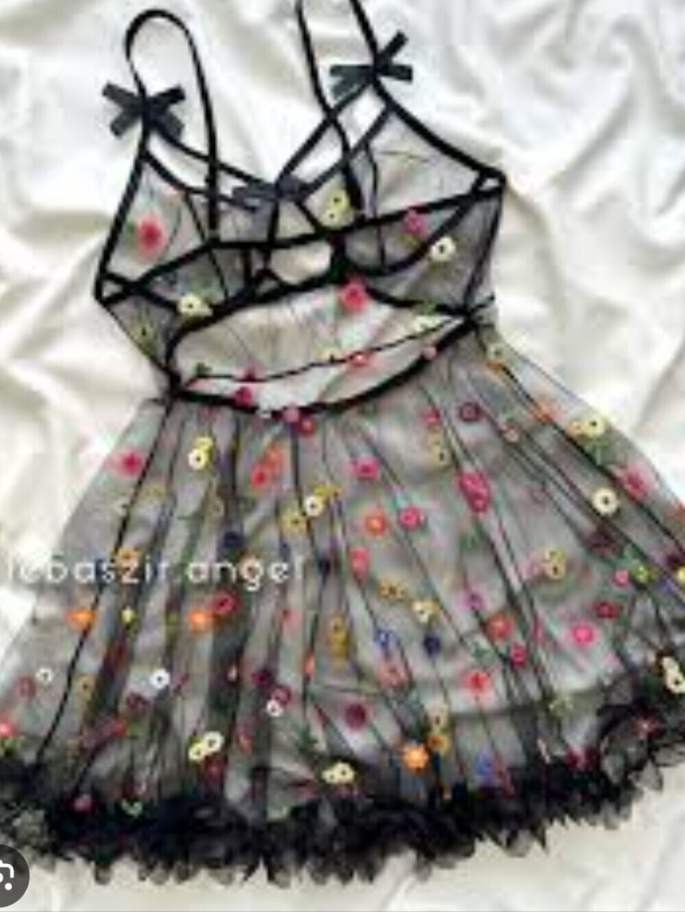Floral Mesh Babydoll Nightdress - Black with Multicolor Embroidery